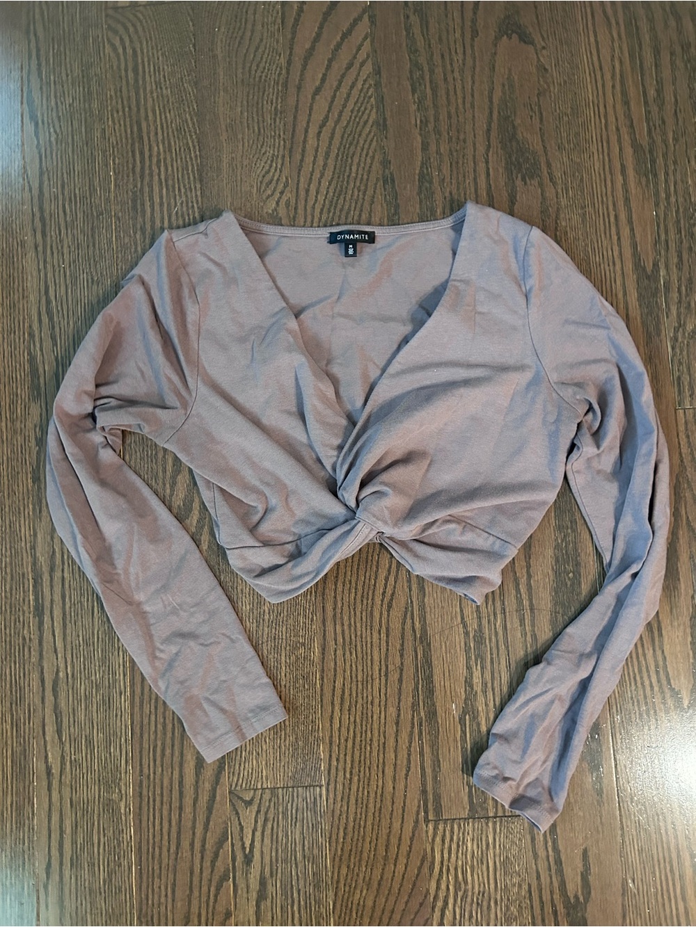 Dynamite Dusty Mauve Twist-Front Cropped Long Sleeve Top